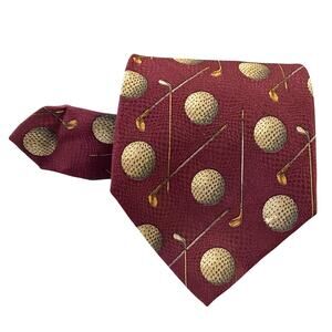 Roundtree Yorke Neck Tie Golf Ball Club Silk Handprinted Italy USA Maroon 60x4